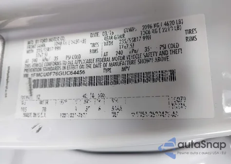 2016 Ford Escape S из США, поврежденный, VIN 1FMCU0F76GUC64456